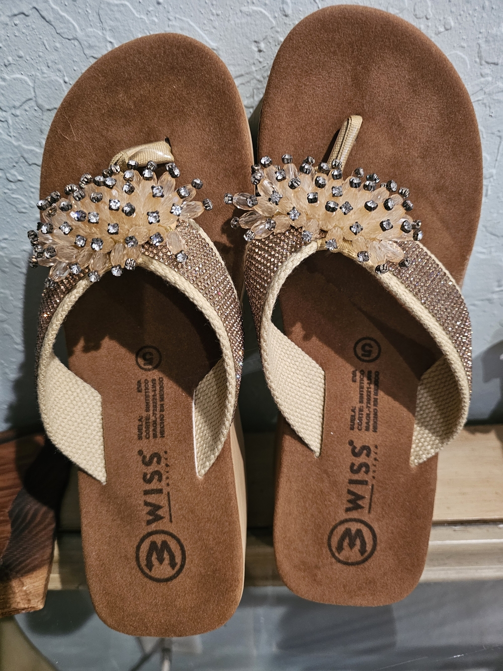 Womens WSS Beige Crystal-Embellished Wedge Sandals